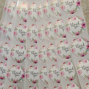 50 THANK YOU Stickers Pink Floral 1.5"